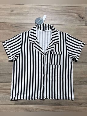 Jaclyn Intimates Womens Yummy Vertical Stripes Notch Collar Pajama Top XL‎